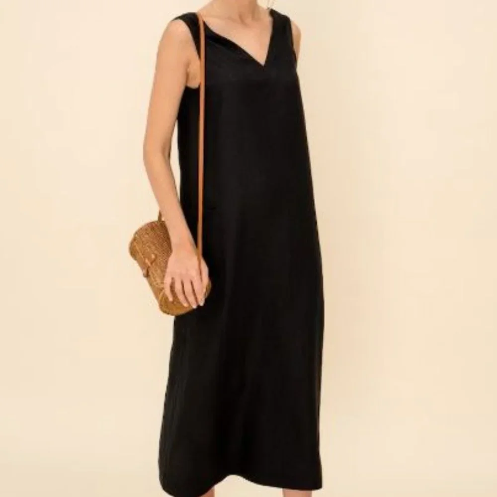 100% Linen V Back Midi Dress - Picture 2 of 5